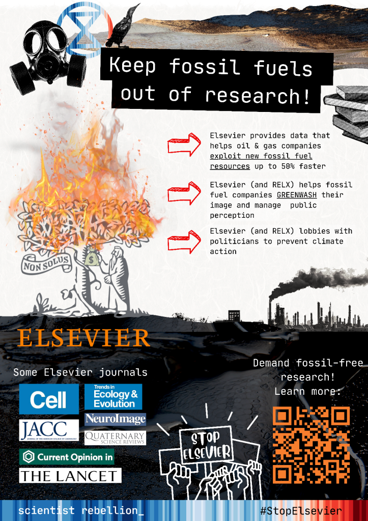 A poster of the Stop Elsevier campaign with information about Elsevier's ties to the fossil fuel industry and a link to the Stop Elsevier campaign: stopelsevier.wordpress.com