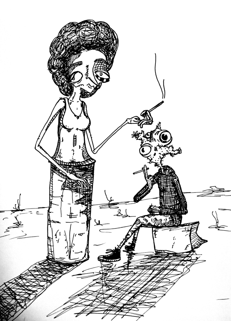 A lady in a bag and a cactus sitting on a box have a cigarette break in the middle of Analog Nowhere.