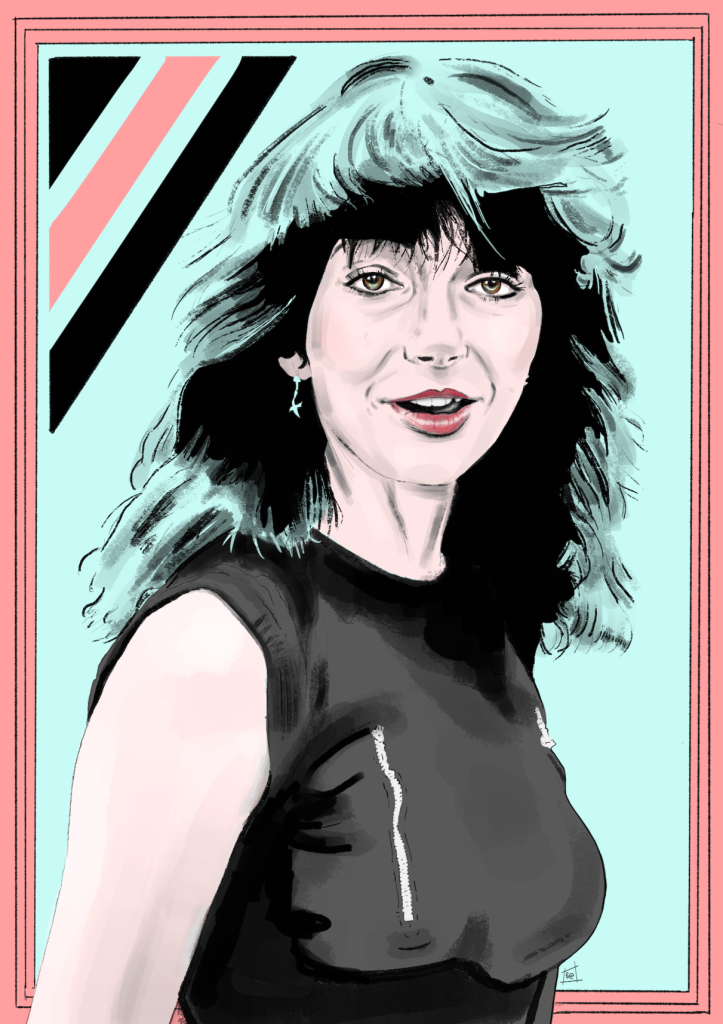 illustration of musician, kate bush, that i drew with digital pencil & ink tools. kate wears a mischievous face as she smiles directly at the audience. colours are pale blue, orange-pink & black. there's a segmented triangle in the upper left corner & three thin, black lines make a frame around the image.