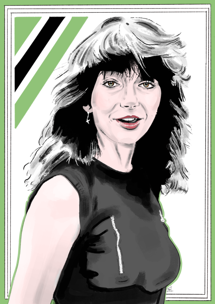 illustration of musician, kate bush, that i drew with digital pencil & ink tools. kate wears a mischievous face as she smiles directly at the audience. colours are pale green, white & black. there's a segmented triangle in the upper left corner & three thin, black lines make a frame around the image.