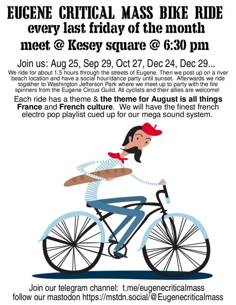 Eugene critical mass flyer for the mass of August 25th.  Theme is france 