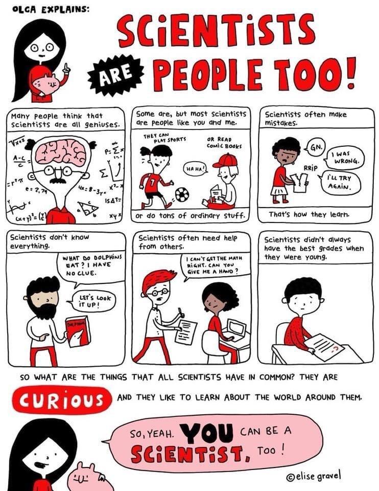 Seven panel comic “Scientists Are People Too” by Elise Gravel.

Panels 1-6 describe that there are many kinds of scientists and they ask questions , make mistakes, need help, do ordinary things & weren’t always the best students.

Panel 7 explains all scientists are curious & like to learn about the world around them. “So, yeah, YOU can be a scientist, too!”