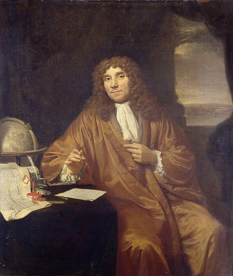 Portrait of Anthony van Leeuwenhoek (1632-1723), physicist in Delft. Knee piece, seated at a writing table on which lies a certificate of his appointment as a member of the Royal Society of Physicians in London by Charles II. Also, a globe and an inkstand; he holds a compass in his hand.