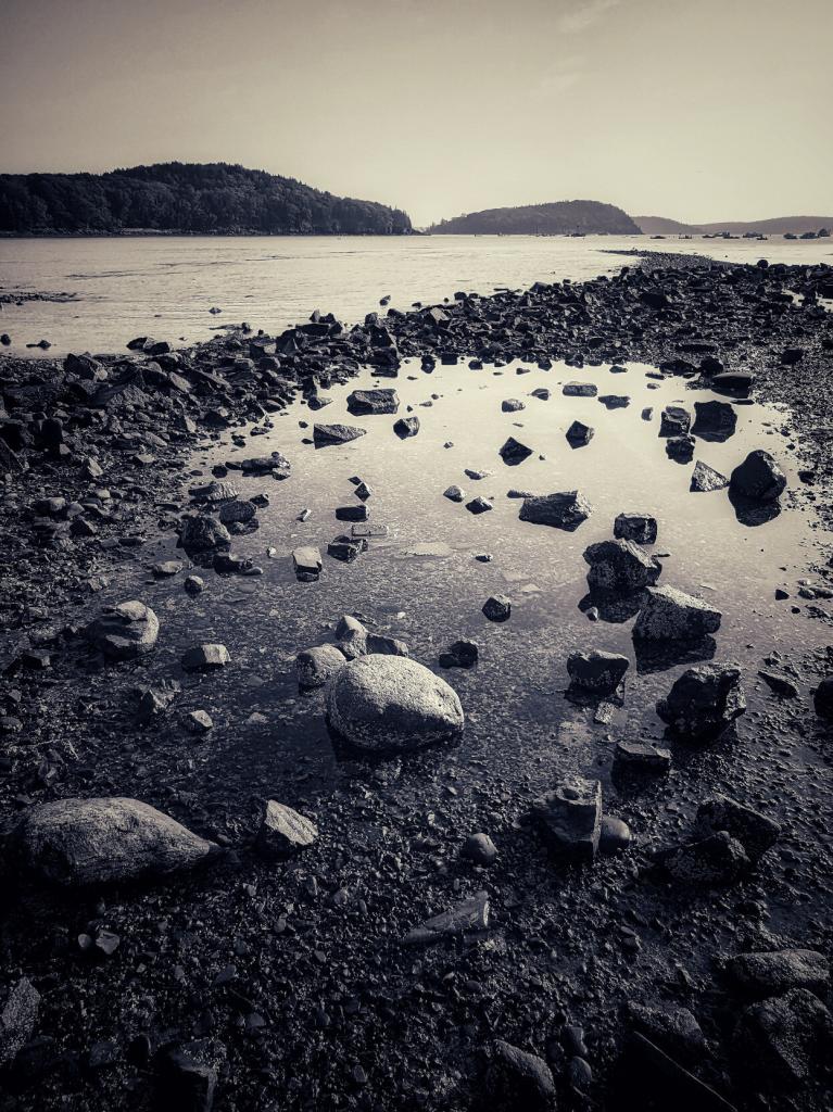 a monochromatic image of the rocky shores of Bar Harbor on Frenchman's bay just after sunrise with an outgoing tide