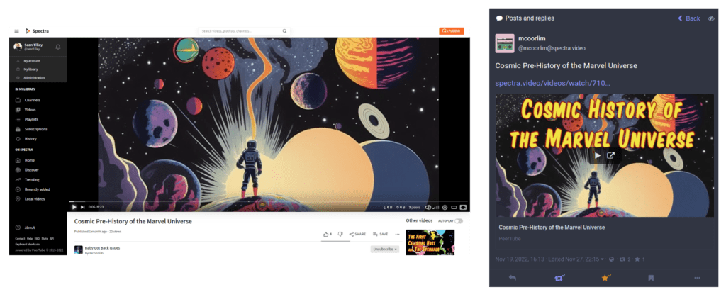 A screenshot demonstrating the same PeerTube video between PeerTube and Mastodon.