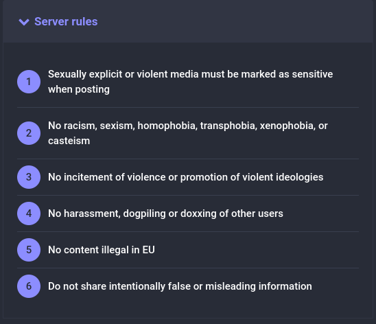 An example of explicitly stated server rules, with concrete guidelines on what isn't allowed.