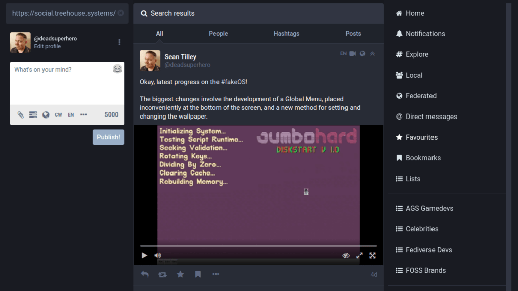 A screenshot of a post with a video, fetched remotely by putting the link contents in the search field.