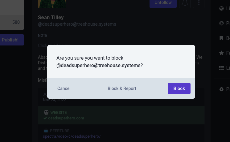 Confirmation screen for blocking a user.