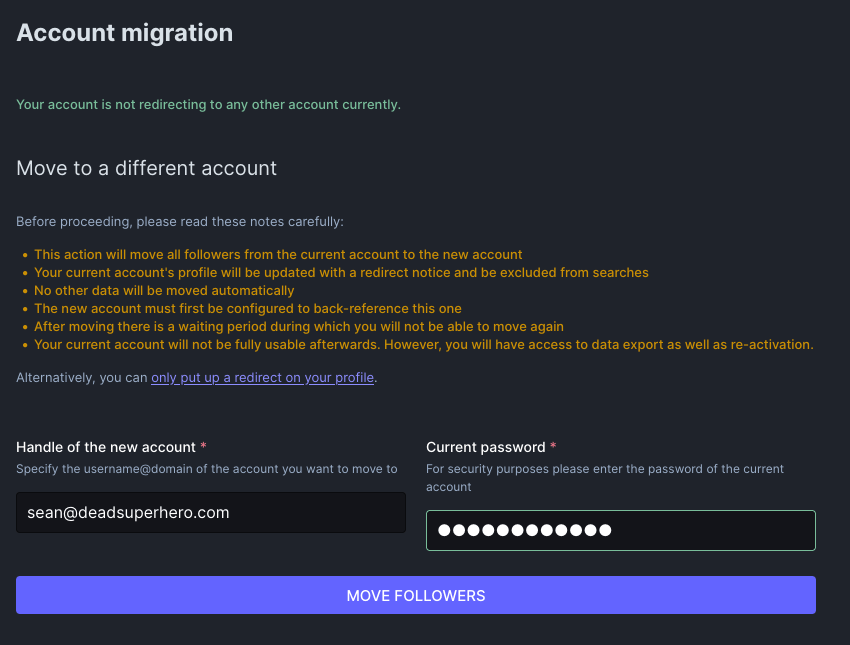 A form for migrating to the new account you just set up.