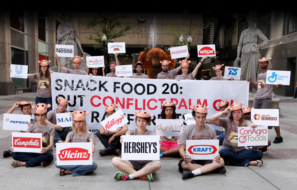 Protest by Rainforest Action Network against Cargill's palm oil ecocide despite them using so-called "sustainable" palm oil