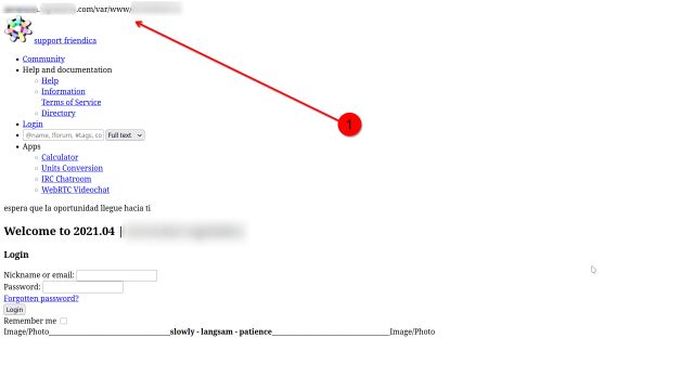 Screen of the front page showing the error