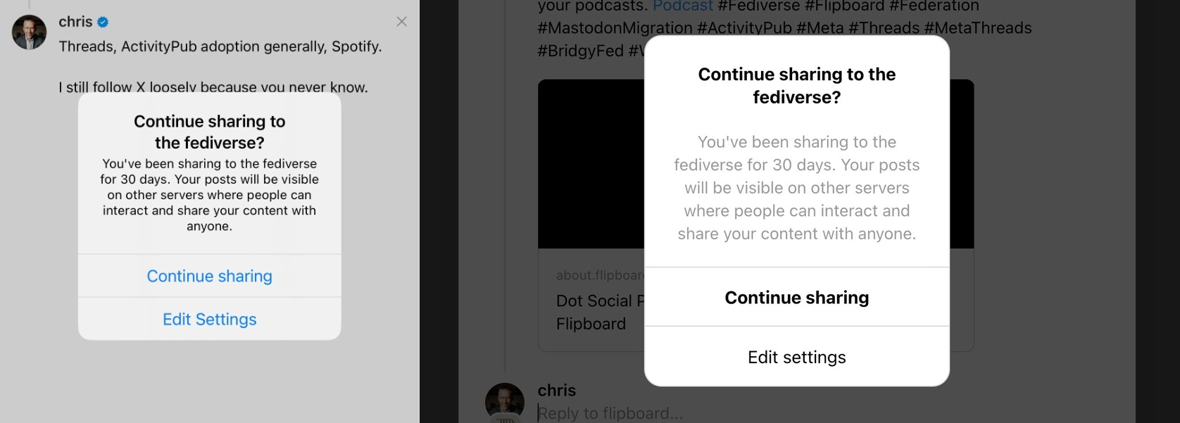 Continue sharing to the fediverse popup on Threads