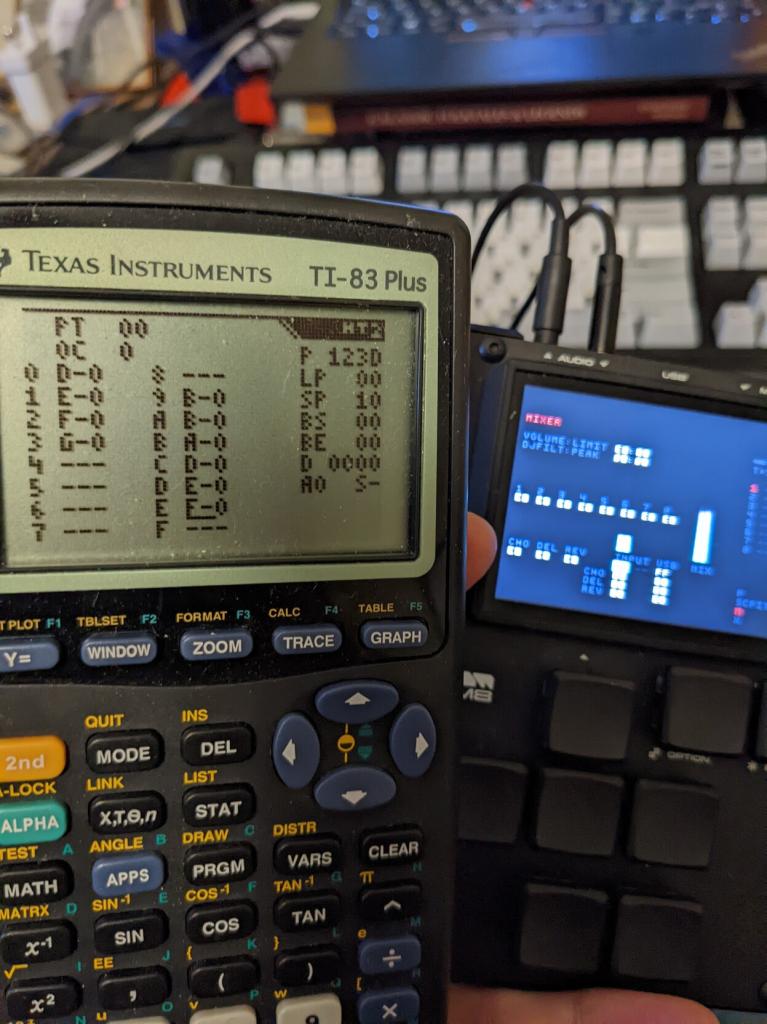 Texas Instruments TI-83 Plus running Houston Tracker 2 and a Dirtywave M8.