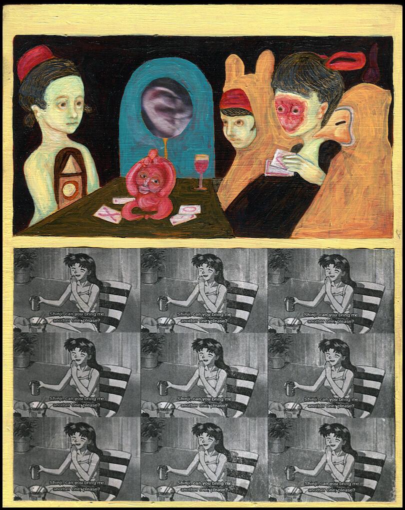 An oil painting, divided in two. In the top half is a table with four figures playing cards around a pink monkey and a photograph of an ear. In the bottom half are six photocopies of Misato from Neon Genesis Evangelion asking Shinji for more beer.