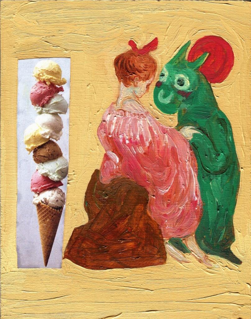 An oil painting depicting a person in a pink dress, seated on a boulder and holding hands with a monstrous green being who is however quite friendly. To the right is some collaged ice cream.