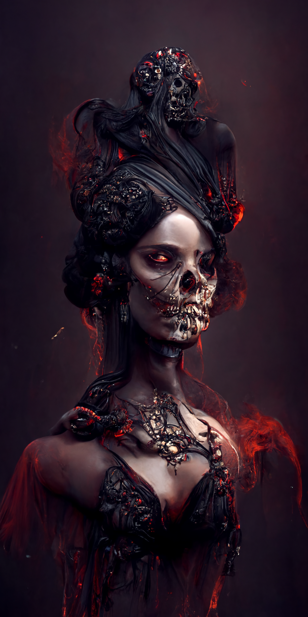 goddess of death in black corset, realistic, hot background
