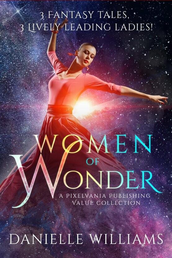 WOMEN OF WONDER cover: A woman gestures dramatically in a red dress in space