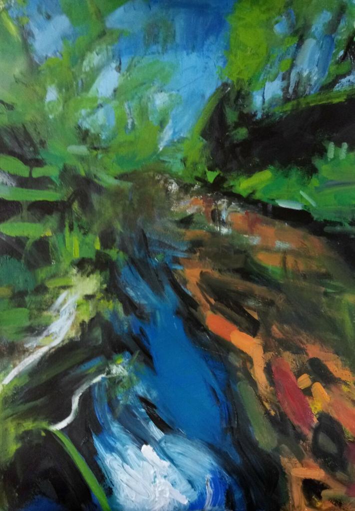 An energetic painting of a blue stream with orange rocks in it, surrounded by greenery.