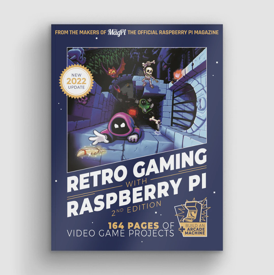 Front cover of Retro Gaming book. Mostly deep blue colour with large white diagonal writing. A retro game scene is the main image with a hooded faceless character reaching for a glowing feather while being chased by an angry skeleton. They look like they're climbing a castle wall. There is also an ominous looking red bat in the mix. 