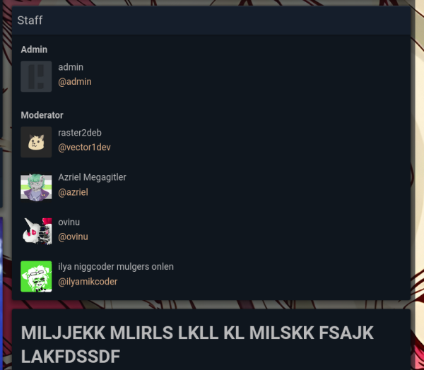 Screenshot of milkers dot online's about page, where we can see vector1dev's, azriel's and ilyamikcoder's fake accounts. They are set as moderators on this instance.