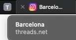 Screenshot showing threads.net's HTML <title> tag is "Barcelona" and it also returns the Instagram logo, a minimalist white camera icon on a gradient yellow-pink-blue background.