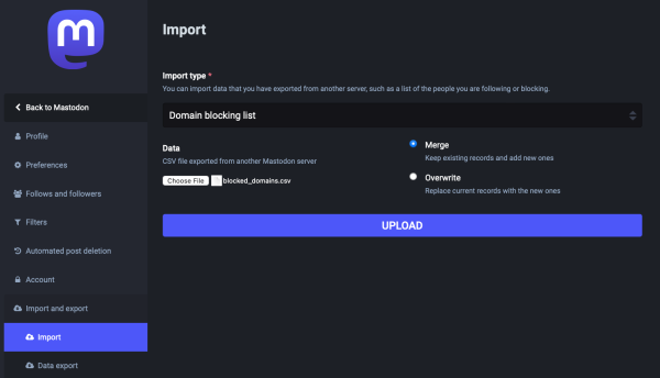 Screenshot showing Mastodon's CSV import menu with "blocked_domains.csv" uploaded as a domain blocking list with "merge" selected.