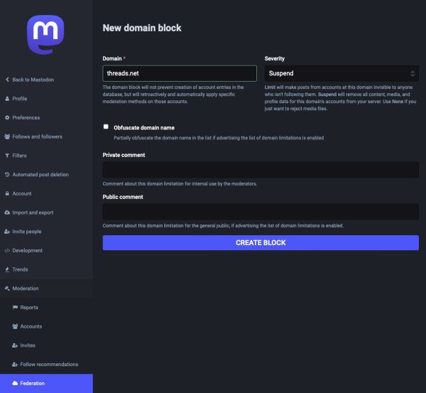 Screenshot of the domain blocking menu in the Federation tab of the Moderators tab in Mastodon's preferences menu, only available to Mastodon moderators and admins.