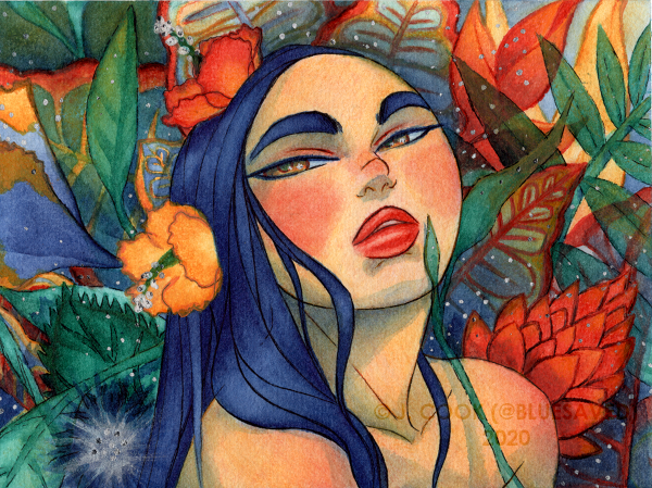 Traditional illustration of a woman with long blue hair, lifting her chin and looking to her right, surrounded by tropical plants and flowers.