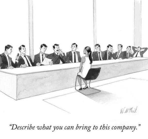 “Describe what you can bring to this company.” Comic by Will McPhail

Woman of color sits in front of a long panel of white men who all look the same.