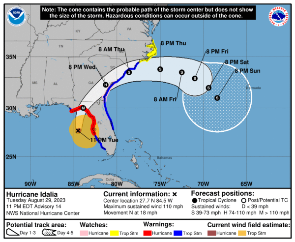 The forecast track of Idalia, which brings into Apalachee Bay, then north and northeast to just near Savannah, GA, then off the coast of South Carolina at Myrtle Beach, then out to sea.