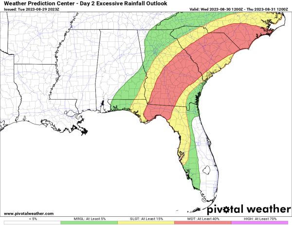 A moderate risk of flash flooding exists from Apalachee Bay north into most of southeast Georgia, southeast South Carolina, and southeast North Carolina.
