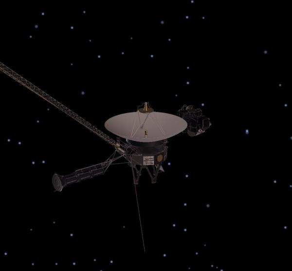 A color rendering of the Voyager 1 probe against a star field. Two prominent antenna gantries emerge from the main body of the probe, positioned underneath a large radio dish.
