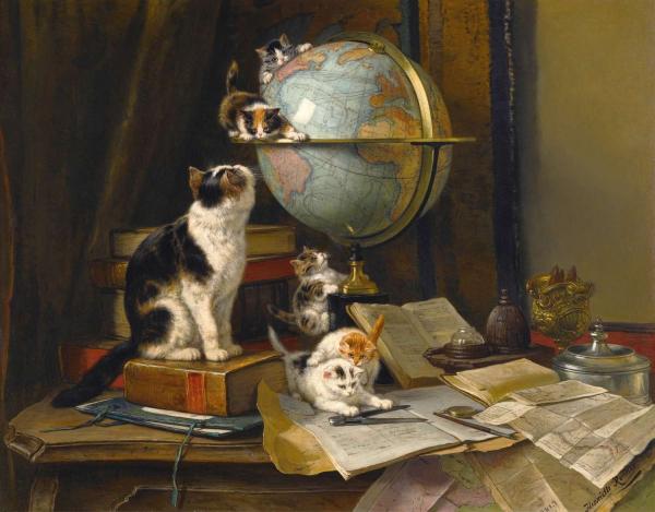 Vintage painting of a mother cat and five kittens playing on the table with a large globe.