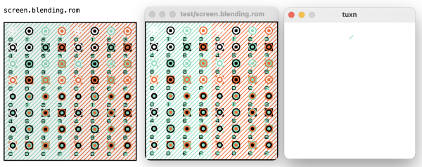 Three different outputs of the uxn screen blending example.