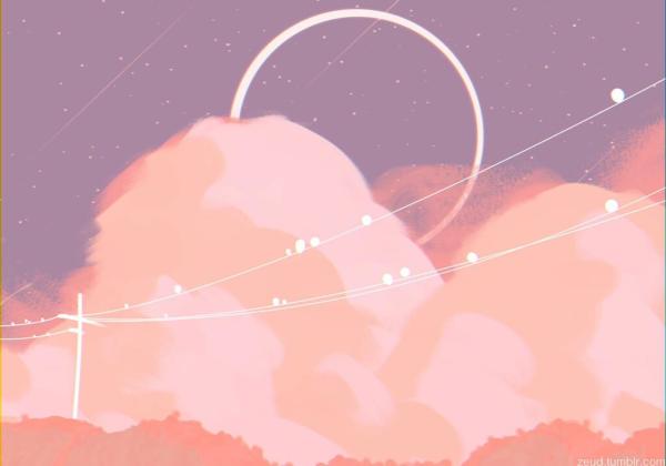 A painting of peachy clouds underneath a sky full of stars
There’s a utility pole with birds in front and a ring behind the clouds