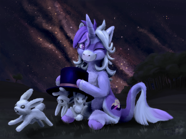 A digital painting of the character Bunnymoon as she releases bunnies out of a magic hat. The night sky is clear and filled with stars. In the distant background there is a street sign pointing to Ponyville where the Bunny stampede is headed and where the sleeping pony population is unaware of their impending doom. Bunnymoon is sitting in a meadow and winking at the viewer with a grin on her face.

Bunnymoon is a fluffy unicorn pony with purple and whitish fur. She has star shaped pupils and a classic Unicorn tail. Her Cutie Mark is a Bunny grabbing a magic hat.