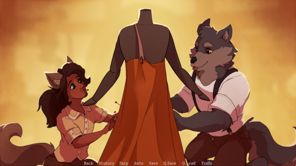 A screenshot of Moth and Caesar working on a dress together, with great focus.