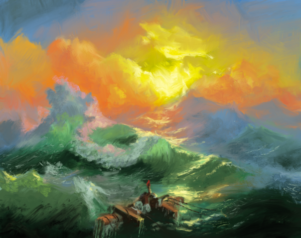 Digital painting of Aivazovsky's The Ninth Wave which portrays a group of people clinging to flotsam from a wrecked ship, in the midst of a tempestuous sea surrounded by the brilliant gold tones of the sunrise.