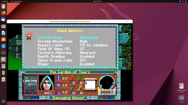 Screenshot of the Ubuntu desktop, partially covered by an application window running Catacomb Abyss. The game is running via the CatacombGL source port. The in-game menu is opened, showing the "Video Options" section.