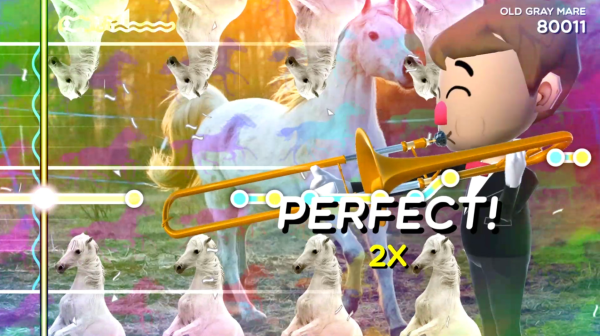 Screen shot of the trombone champ video game featuring white horses on a psychedelic background with an avatar playing the trombone