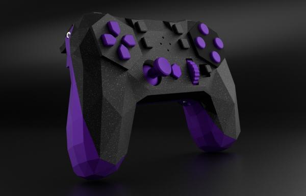 A black 3D printed gaming controller with bright purple accents stood on its arms against a black background