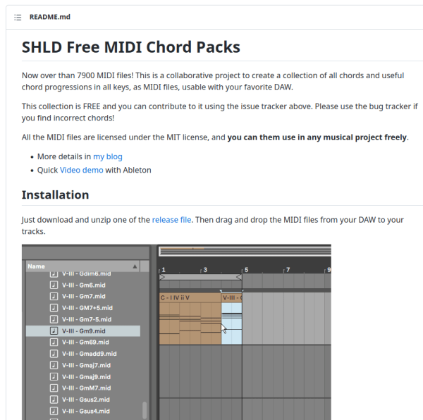 Screenshot of a website offering MIDI chords