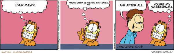 Original Garfield comic from December 23, 2004
Text replaced with lyrics from: Wonderwall

Transcript:
• I Said Maybe
• You're Gonna Be The One That Saves Me
• And After All
• You're My Wonderwall


--------------
Original Text:
• Garfield:  Christmas is only two days away!  172,800 seconds!• Jon:  You look preoccupied.• Garfield:  172,797 seconds...