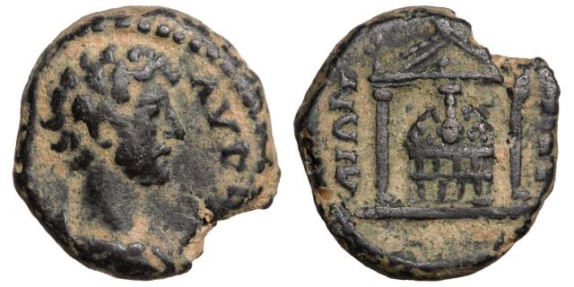 Coin depicting the image of the Goddess Artemis Pergaia at her temple in Perga, Pamphylia. (~139-161 CE)