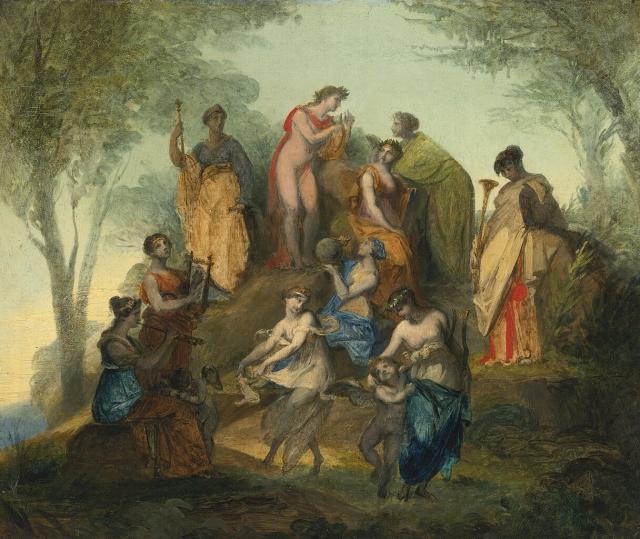 "Apollo and the Nine Muses on Mount Parnassus" attributed to Pierre-Paul Prud'hon.

Pierre-Paul Prud'hon, Public domain, via Wikimedia Commons.