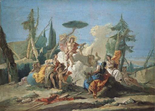 "Apollo receiving Homage from the Muses" by Giovanni Battista Tiepolo (1745).

Giovanni Battista Tiepolo, Public domain, via Wikimedia Commons.