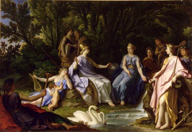 "Story of Minerva - The Muses Showing Minerva Hippocrene Waters of the River that Brings Out Pegasus," by René-Antoine Houasse (1696).

René-Antoine Houasse, Public domain, via Wikimedia Commons.