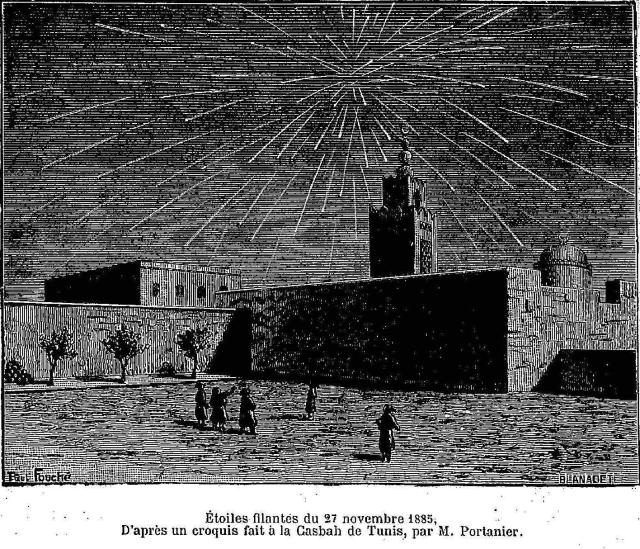 "Shooting stars of November 27, 1885, from a sketch made at the Kasbah of Tunis," by M. Portanier.

Published January 21, 1892. Revue Musée des familles.

M. Portanier, Public domain, via Wikimedia Commons.