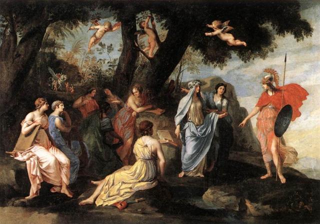 "Minerva and the Muses on Mount Helicon" by Jacques Stella (~1640-1645).

Jacques Stella, Public domain, via Wikimedia Commons.