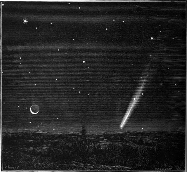 "The Great Comet of 1882, on Oct. 9 at 4h AM (Flammarion.)" from "The Story of the Comets," by George Frederick Chambers (1909).

George Frederick Chambers, Public domain, via Wikimedia Commons.